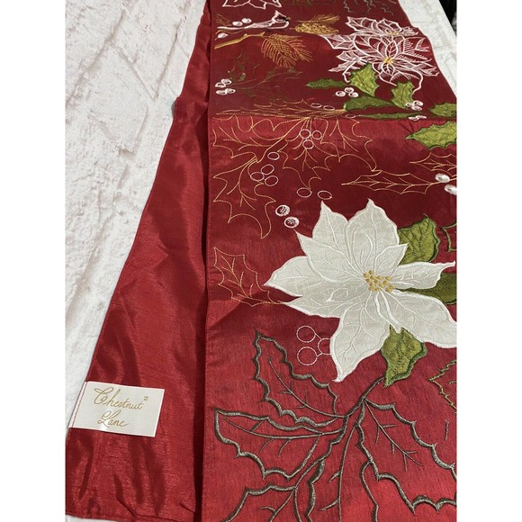 Chestnut Lane Cardinal Poinsettias Red Christmas Table Runner 68x13 Inches - Picture 2 of 2
